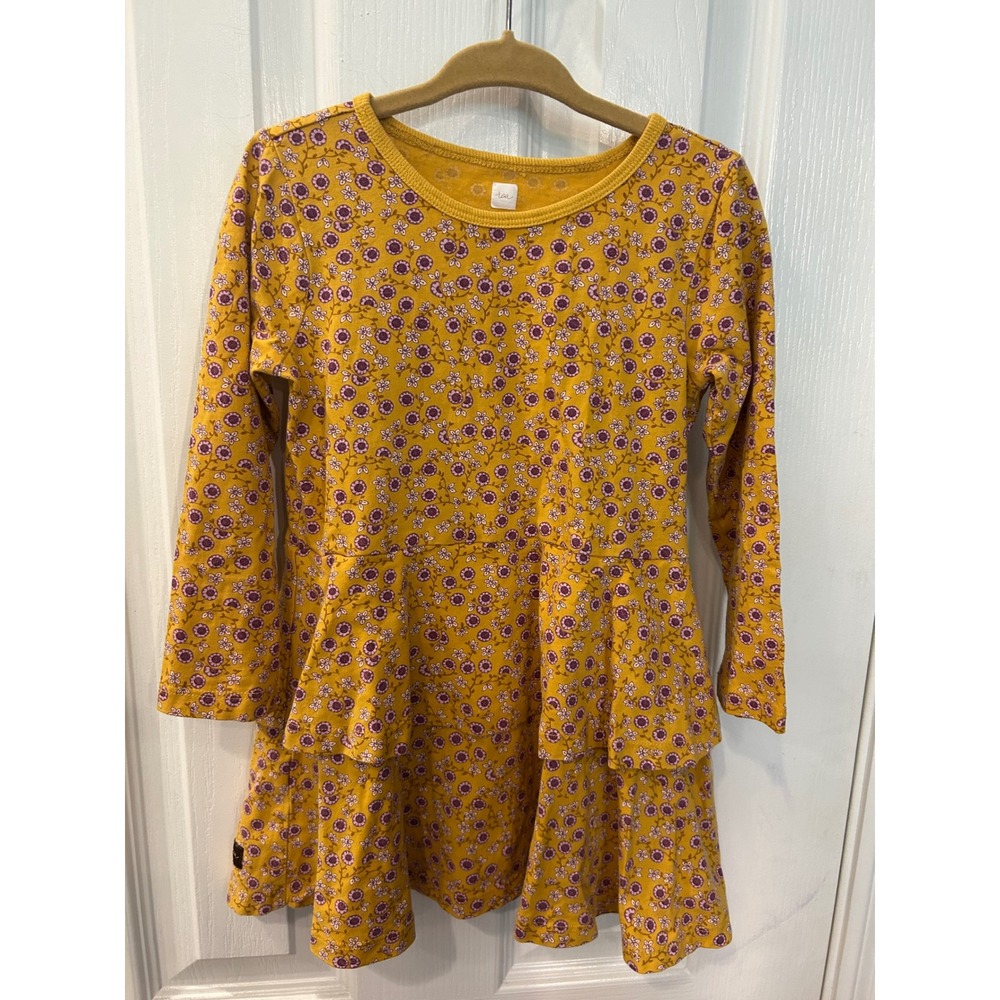 Tea Collection Dress Mustard Yellow Floral Tiered Ruffle Long Sleeve Jersey BinA